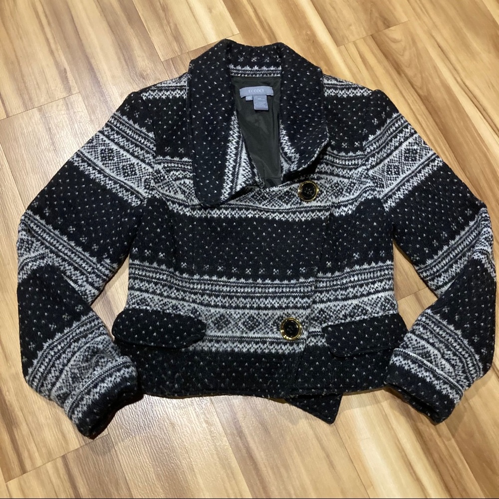 Vintage 80s Black + White Fair Isle Cropped Pea Coat